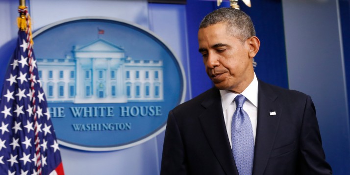 Il presidente statunitense Barack Obama alla fine di una conferenza stampa dalla Casa Bianca lo scorso marzo (foto di Yuri Gripas/Afp/Getty Images)