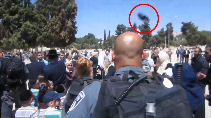 Nel tondo rosso la scarpa che viene lanciata - da un palestinese, secondo uno dei testimoni ultraortodossi - verso il gruppo di visitatori (fermo immagine YouTube/Falafel Cafè)